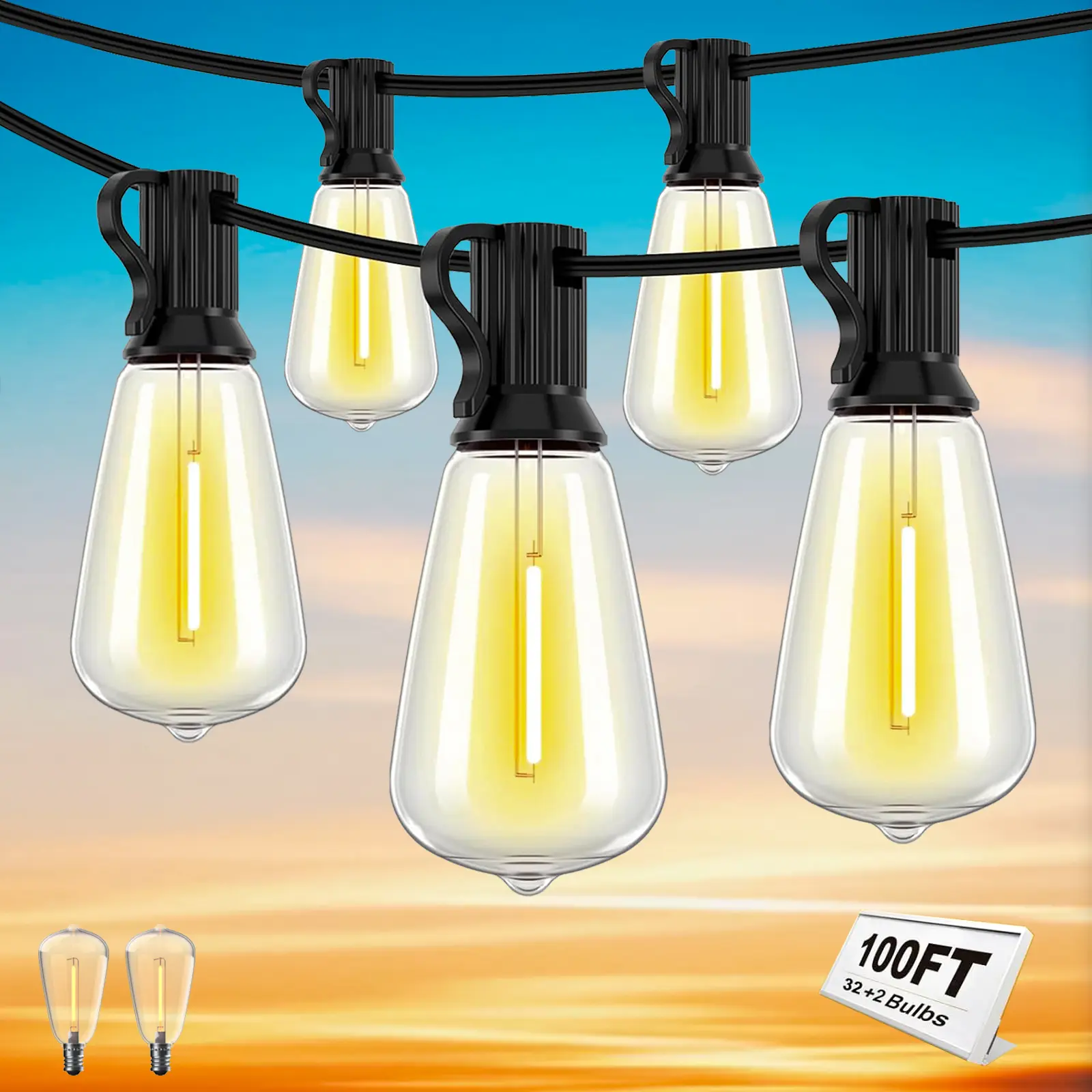 HXWEIYE 100FT Dimmable LED Outdoor String Lights - 34 Shatterproof ST38 Edison Bulbs, Waterproof, Energy-Saving, Connectable Warm Light, Adjustable Brightness for Patios, Cafes (Non-Solar-Powered), Light Dimmable