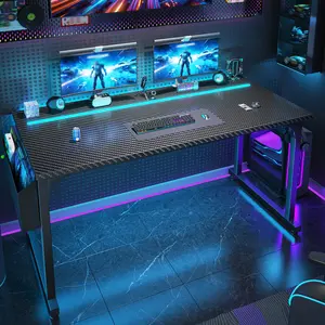 【Carbon Fiber】Raybee 47’’W Carbon Fiber Texture Gaming Desk, Sturdy Computer Desk with 4 Hooks & Side Storage Pocket,Gaming Setup with LED Lights for Home Office Use,Study desk for teenagers, Born for Dorm & Tiny Room & Apartments,Easy Assemble, Black