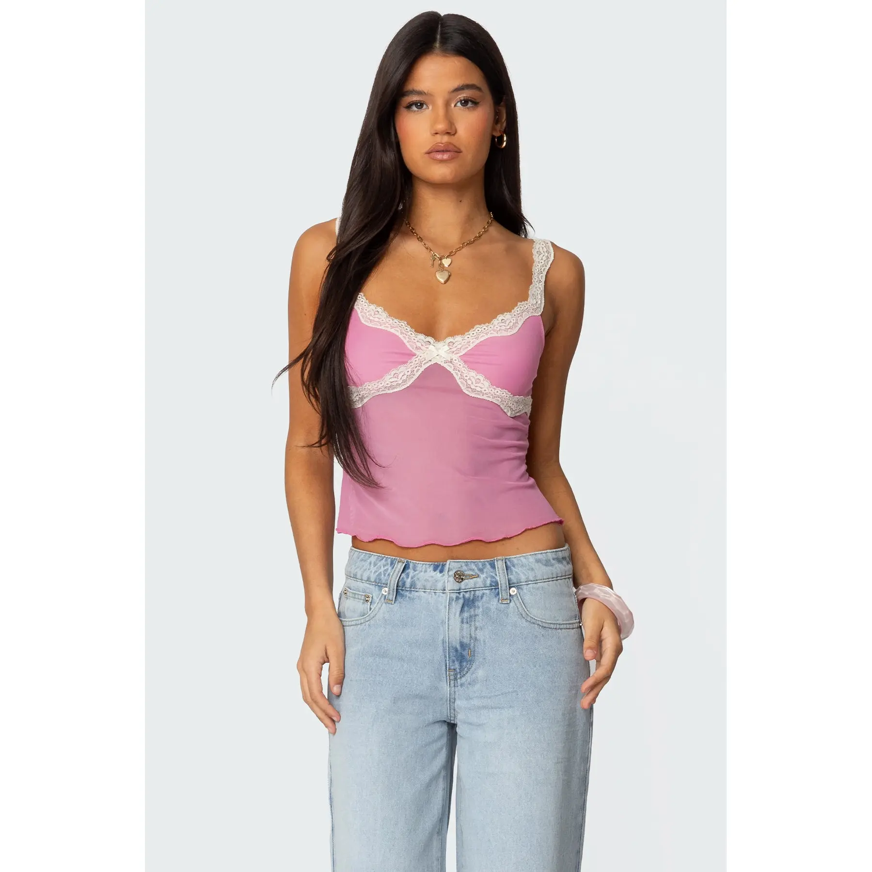 Contrast Lacey Mesh Tank Top