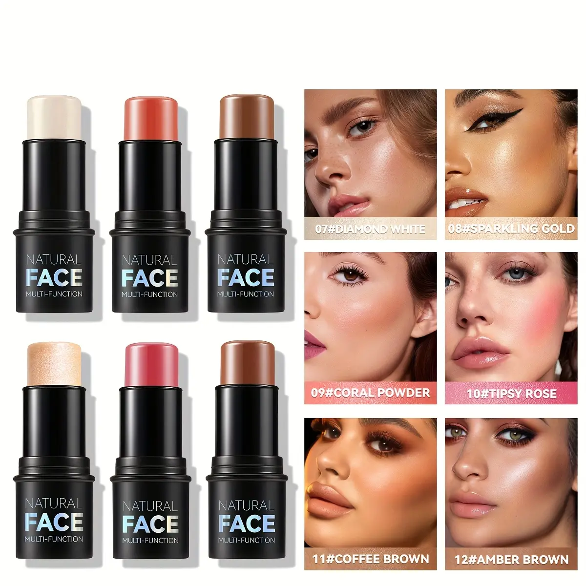 6Pcs Cream Contour Stick Makeup Kit, Shades with Highlighter Stick,Blush Stick and Bronzer Stick for Sculpt the Cheeks, Long Lasting, Waterproof, Dewy & Matte Finish, LIGHT MEDIUM