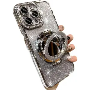 Magnetic Phone Cases for iPhone 17 Pro Max 16 15 14 13 12 Pro Max Plus Magnetic Kickstand Glitter Case, [Compatible with Magsafe] Shockproof Bling Diamond Makeup Mirror Camera Protector Bling Girly Cute Cover for iPhone 17 Pro Max (Silver)