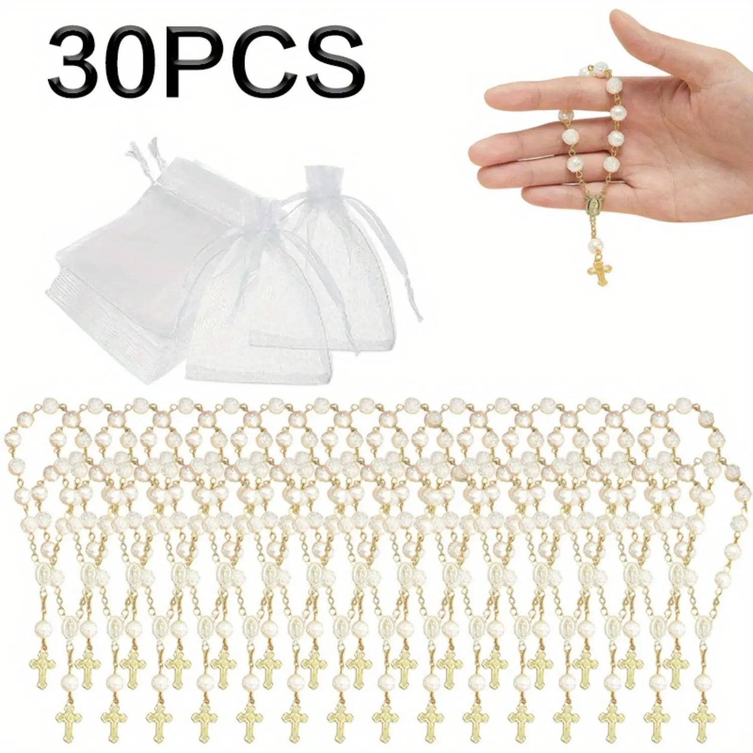 30-Piece Mini Acrylic Ivory Faux Pearl Finger Rosaries with Lightweight Gold Accents, Organza Bags Gift Bundle for Christening, Wedding Party Favors