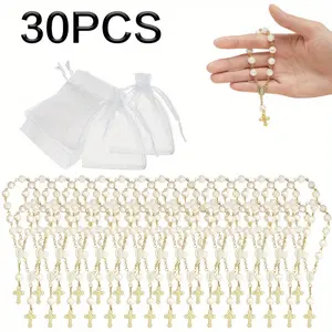 30 Pieces Mini Rosaries Baptism Rosary Beads Acrylic Ivory Color Finger Baptism Rosaries Faux Pearls with Organza Bags for Christening Weddings Party Favors bridal shower gift Lightweight Gold