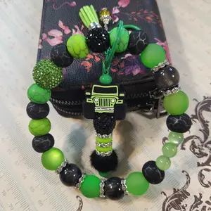 Beaded Wristlet Keychain Combos | Stainless Steel Wire Wristlet | Pom Charm & Themed Keychain Set