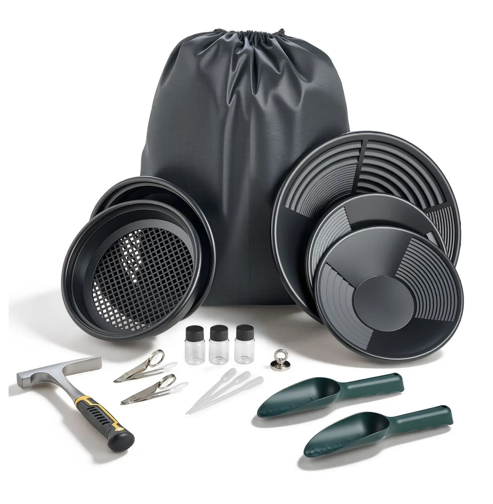 Gold Panning Kit, 19 PCS Prospecting Equipment - 10 & 14 Inch Pans, Classifier Sieves, Magnet, Rock Pick, Scoop, Backpack - Outdoor Gold Recovery for Beginners Default
