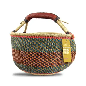 Ayéya Handwoven African Grass Basket, Market Style with single handle Fair Trade Decor Organiser