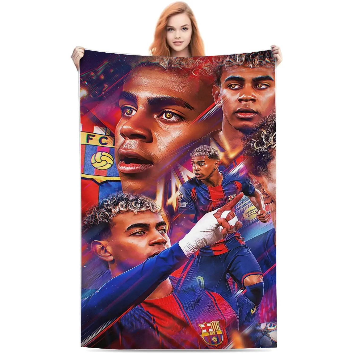 Lamine Yamal FC Barcelona Multi Shot Art Collage Neon Light Effect Flannel Fleece Throw Blanket, Barca Young Superstar Stylish Art Print Warm Blanket For Football Fans Bedroom Decor