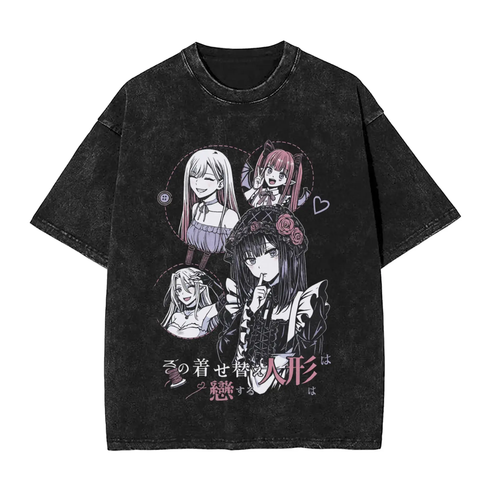 Menswear Casual My Dress-Up Darling Marin Kitagawa Washed Harajuku T-Shirt, Hip Hop Streetwear Vintage Distressed Crewneck Short-Sleeve Men's Top, Summer Tee Oversized Classic Cotton