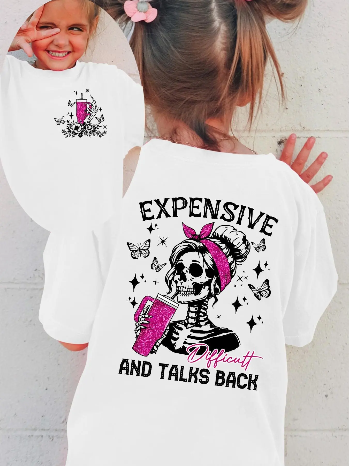 Expensive Difficult And Talks Back Pink Glitter Skeleton Girl Kids T-shirt-100% Cotton, Short Sleeve, Round Neck, Butterfly Double Side Print-Suitable for Girls Daily Casual & Play Outfit, Loose Soft Breathable Basic Top
