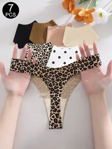 7PCS Women's Seamless Garments Invisible Leopard Print Soft Comfy Panty Comfortable High Stretch Panties Low Waist Thongs Casual Everyday Fitted Smooth Underwear for All Seasons