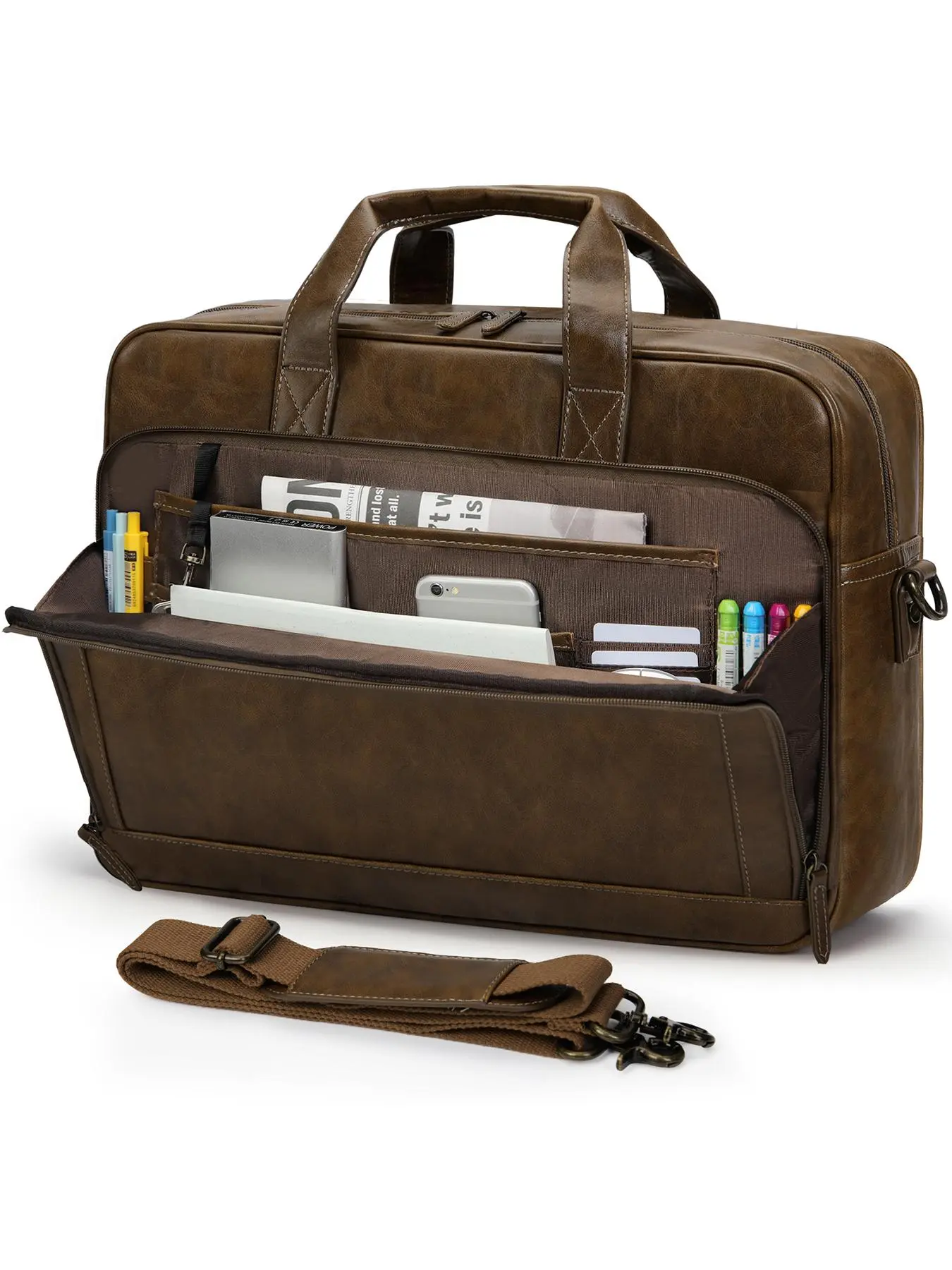 Men's Vintage PU Leather Briefcase, Large Capacity Crossbody Office Computer Bag, Retro College Shoulder Bag for Work, Business, Travel, Travel Essentials