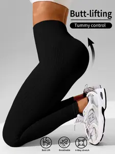 1 Pair Solid - Color Ribbed High - Waisted Yoga Leggings | Butt - Lifting & Tummy - Control Stretch | For Yoga & Daily Wear Shaping Leggings Breathable Yoga Pants Yoga Activewear Athleisure Bottoms High Waist Sports