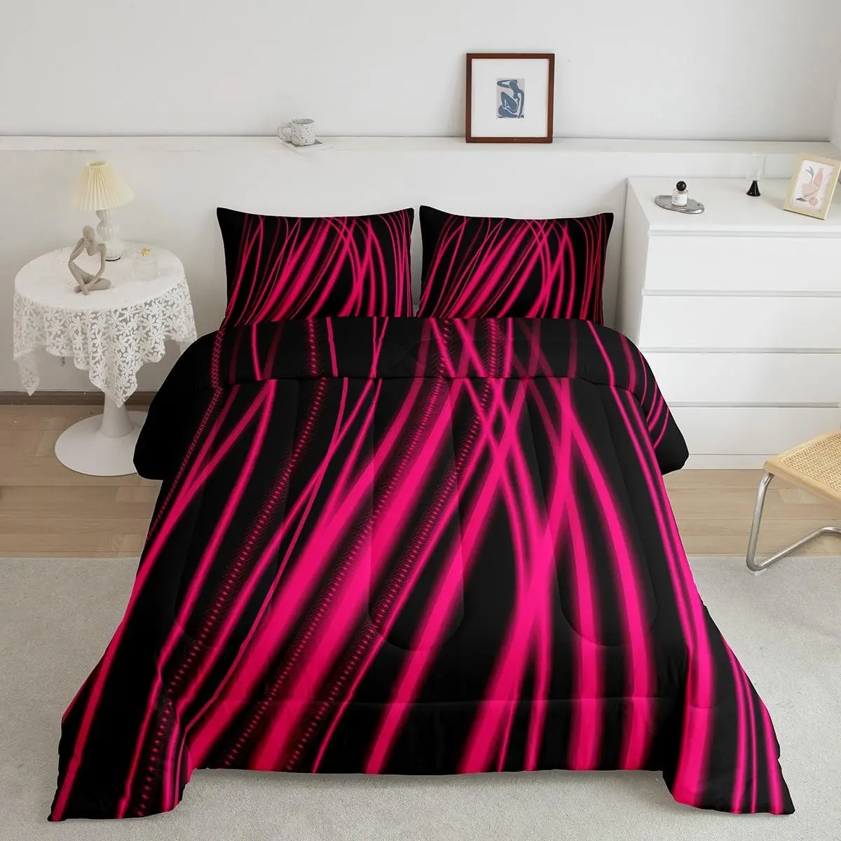 Feelyou Reversible Hot Pink Stripes-Ombre Black Designer Comforter Set - Abstract Luxury, Soft Bedroom Bedding, Breathable Duvet, Bedroom Bedding Set, Breathable Duvet Set