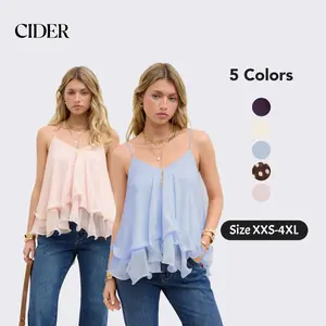Cider Ruffle Knotted Cami Top – Flattering Layered Mesh Tank for Women, Conceals Bra Side, Soft Summer Top for Date Night & Beach SwimWeek
