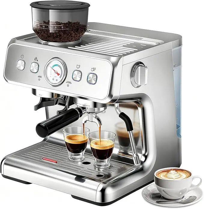 Espresso Machine, 20 Bar Semi-Automatic Espresso Machine with Grinder & Milk Frother Steam Wand, 1450W Home Cappuccino Latte Machine with Removable 95 Oz Water Tank, Stainless Steel