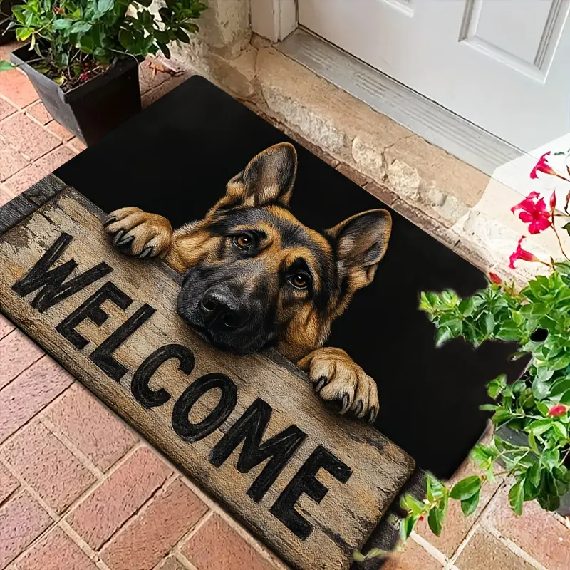 Funny German Shepherd Peeking Decorative Doormat - Flannel Fabric, 1cm (0.12in) High-Density Sponge, Vintage Wooden Sign Welcome Print, Anti-Slip Base, Machine Washable, Indoor Heat & Fade Resistant, Front Door Decor for Entryways, Outdoor, Laundry