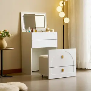 Small dressing table, girl's makeup desk, can be used for makeup, office work, leisure, comes with a makeup stool, lighted mirror, three drawers, strong storage space, multi-functional vanity, suitable for bedroom, apartment, hotel, bathroom.