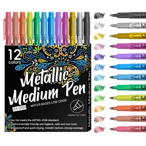 12 Pack Metallic Acrylic Paint Markers - Medium Tip 1-2mm  for Rock Painting, Stone, Glass, Ceramic, Wood, Fabric, Black Paper, Scrapbook Journals, Photo Albums, DIY Crafts (12 Colors)