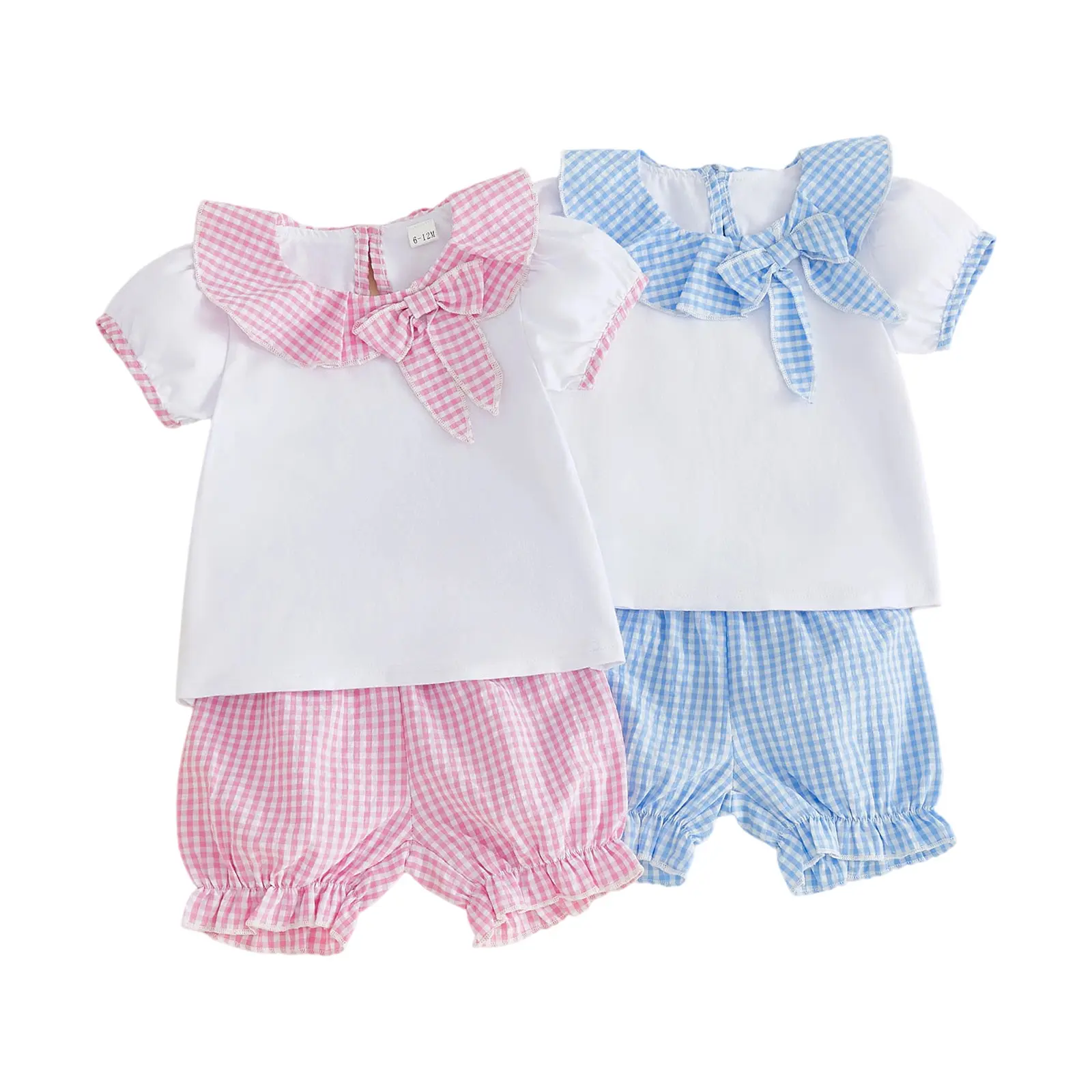 Toddler Baby Little Girl Shorts Set Bow Ruffled Trim Short Sleeve Babydoll Tops and Plaid Bloomers Summer Set 1-5 Years
