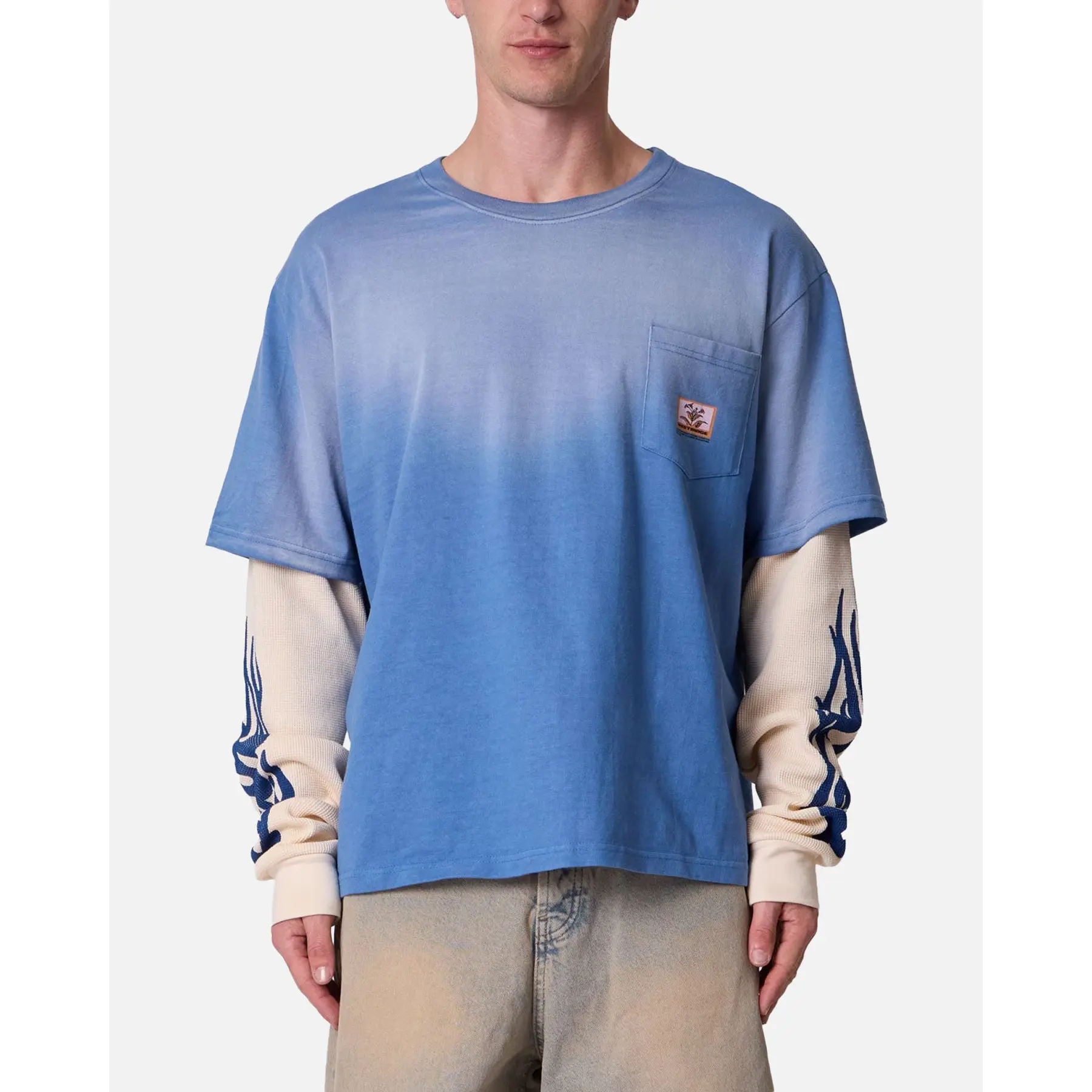 MNML Layered Flame Pocket Long Sleeve T-Shirt Washed Blue