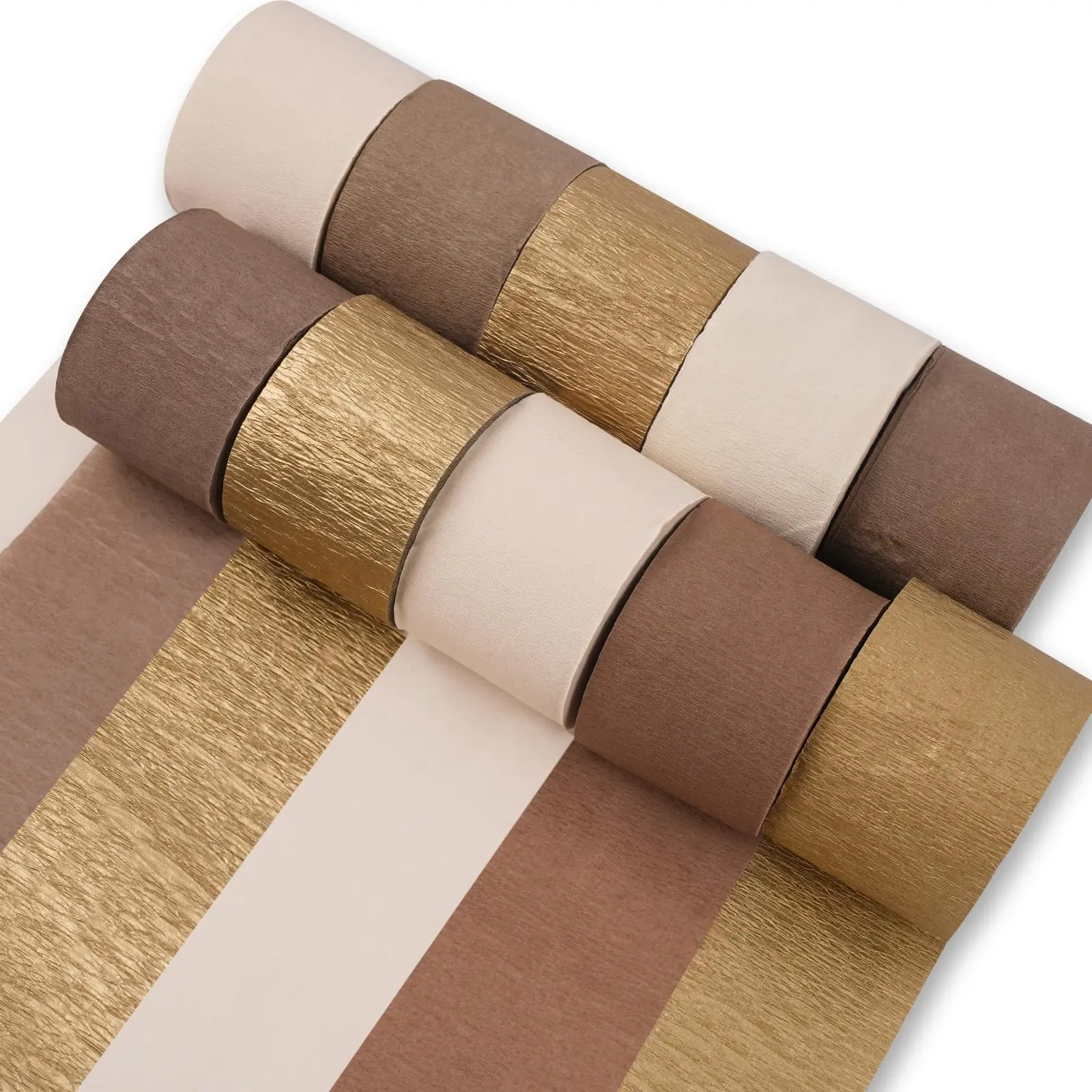 PartyWoo Durable Thick Brown Crepe Paper Streamers Birthday Set - 10-Piece, 820ft Total (82ft Each), 1.8in Wide Boho Neutral Pack with Metallic Gold, Sand, White Streamers for Birthday, Wedding Decorative Supplies