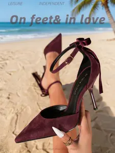 Spring Summer Women's Chocolate Brown Faux Suede Ankle Strap Bow Decor Heels, Elegant Party Footwear, Pointed Toe Stiletto D'Orsay High Heel Sandals, Walkable Lace-Up High Heel Sandals for Office Work, Date Night