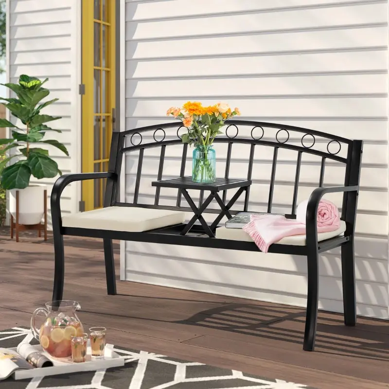 Stainless Steel Outdoor Bench with Pull-Out Middle Table, 2 Seat Metal Garden Bench with Cushions, Patio Porch Backyard Deck