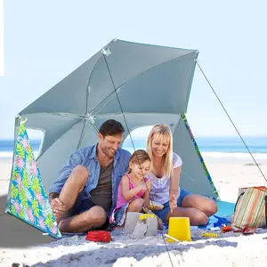 COSTWAY 2-in-1 Beach Tent for 2-4 People, UPF 50+ with Beach Umbrella with Roll-Up Windows, Dual Side Flaps, Groundsheet & Carry Bag, Beach Shade for Camping, Picnic & Sports Events