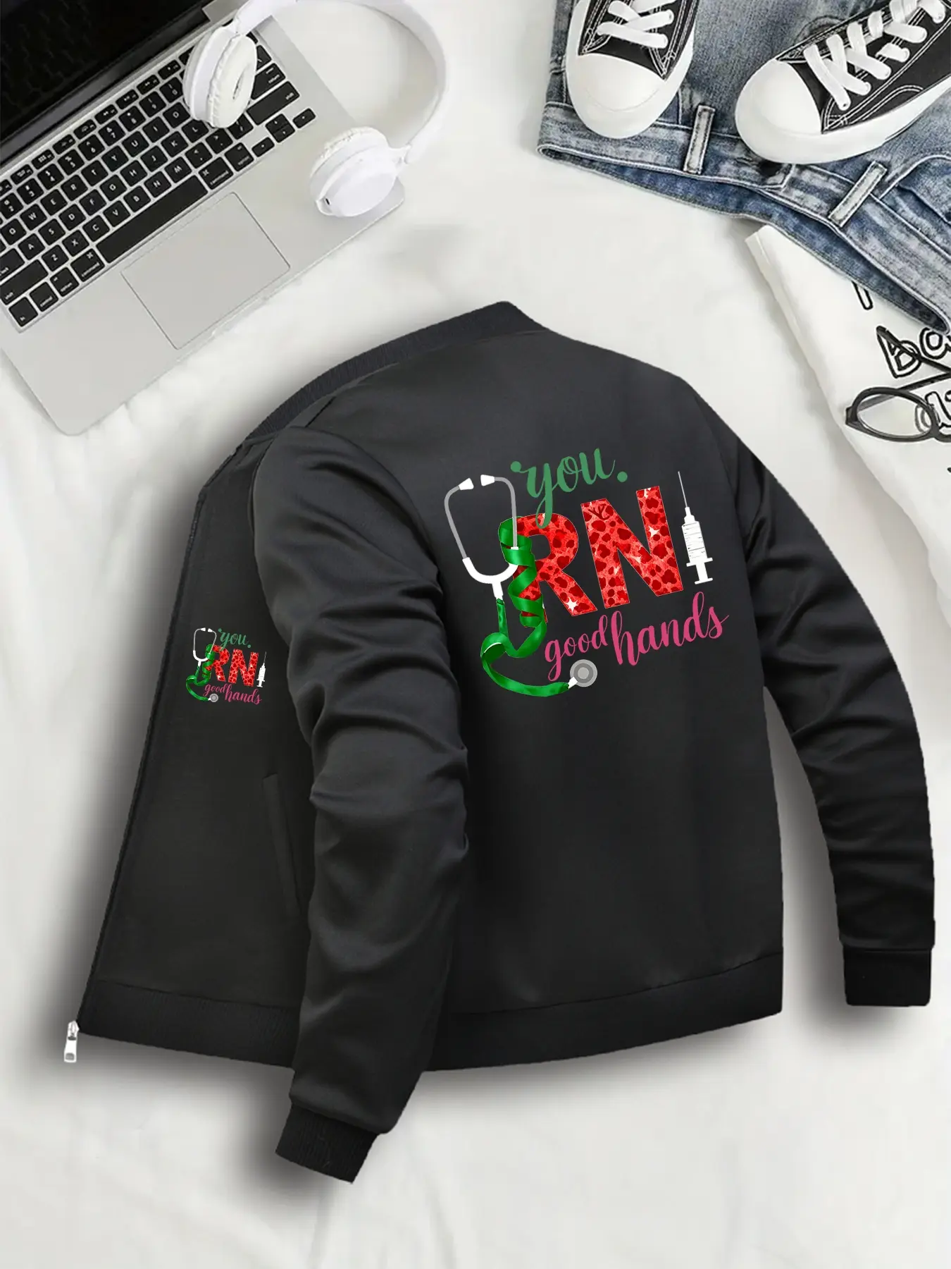 Women's Christmas Graphic Print Zipper Bomber Jacket, Casual Fitted Design, Lightweight, All Seasons Wear, Sizes S-Xxl
