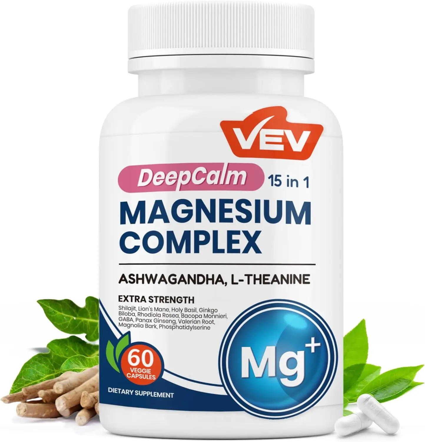 VEV Deep Calm 15 in 1 Magnesium Glycinate & Citrate Complex Capsules, Cortisol Supplements for Women – Easy to take Formula with Ashwagandha & L-Theanine, 60 Vegan Capsules