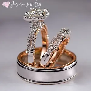 3-piece cubic zirconia couple rings for engagement and wedding, suitable for anniversary gifts
