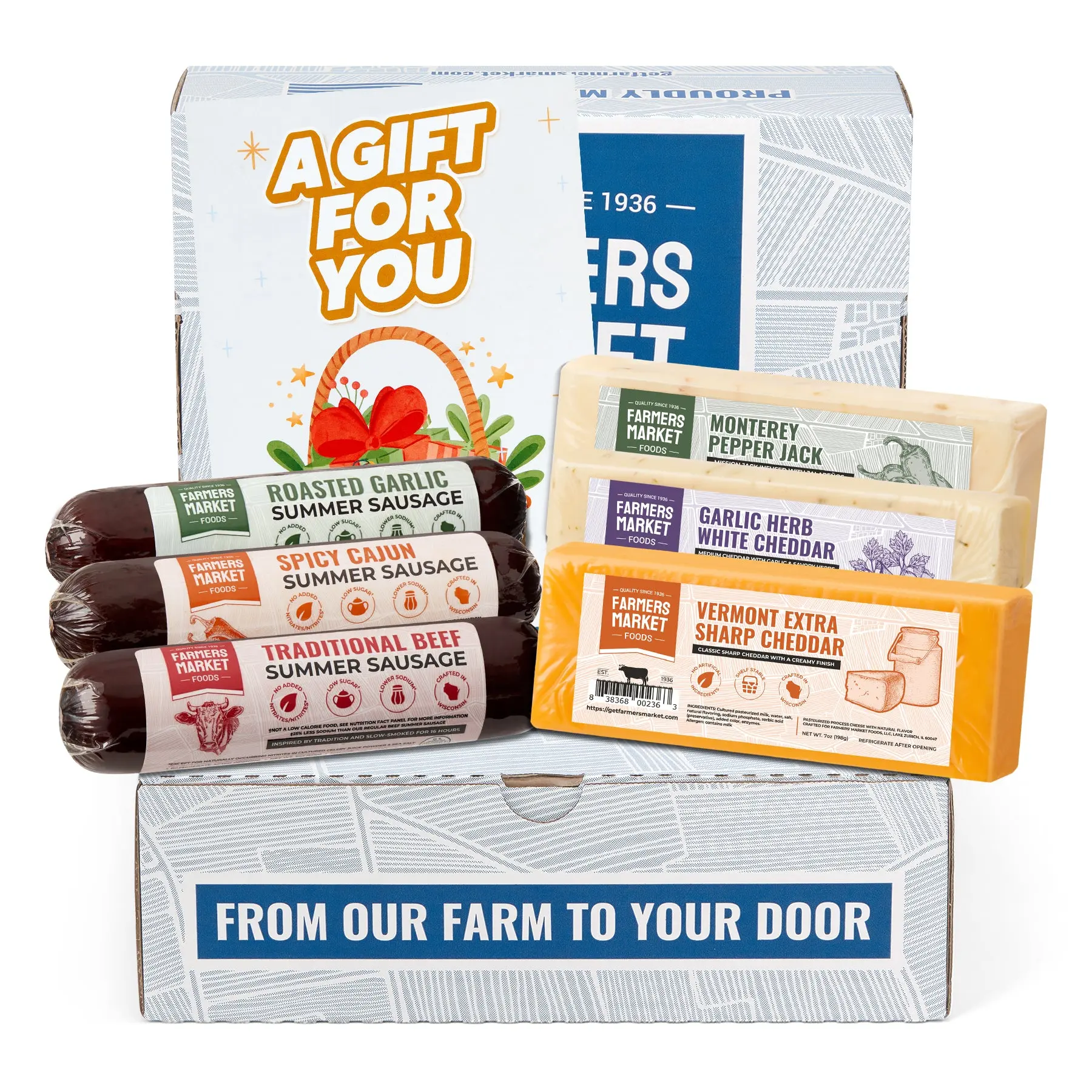 Farmers Market Foods Classic Charcuterie Gift Box - Natural, Traditional Spicy Garlic Snack Set with Summer Sausage, Wisconsin White Cheddar Cheese, Gluten-Free, Keto-Friendly Gourmet Gift for Father’s Day, Entertaining