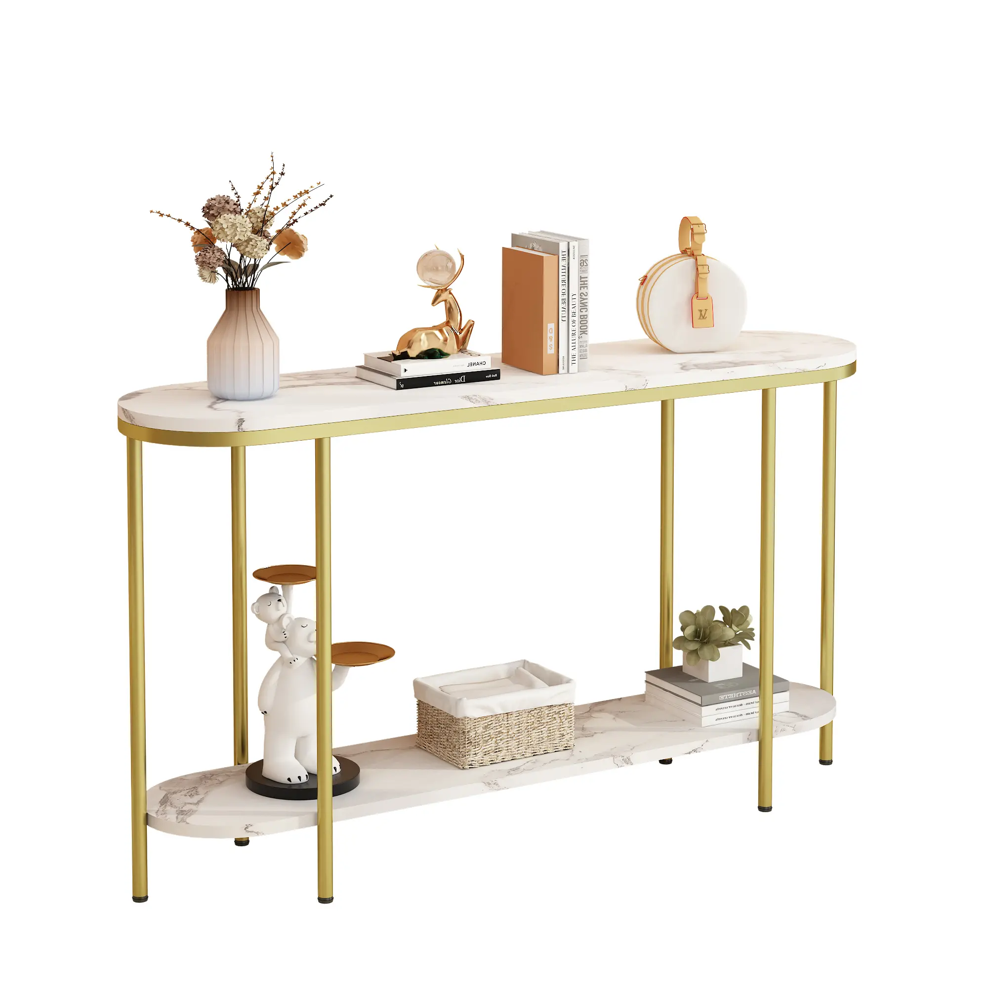 Glam Modern Console Table - 2-Tier Oval Narrow Depth Indoor Furniture, White Faux Marble Veins Top, Gold MDF+Iron Frame, Open Storage Shelf, 42.1"×11.4"×30.5", Assembly Required, for Entryway, Living Room, Open Shelf