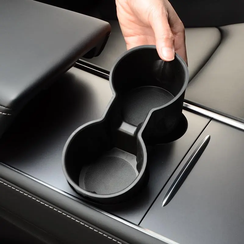 1 black cup holder, suitable for Tesla Model Y 2021-2024 central control cup limiter, storage compartment, soft plastic material, washable, Car Organizers And Storage, Car Cup Holders, Car Interior Organizers