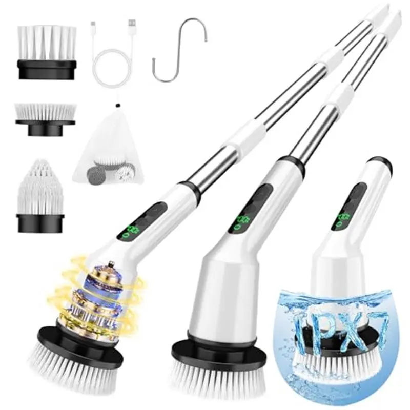 Cordless Electric Spin Scrubber, IPX7 Waterproof Bathroom Cleaning Brush with 2 Speeds, 3 Flat Heads for Shower, Tub, Kitchen Tile