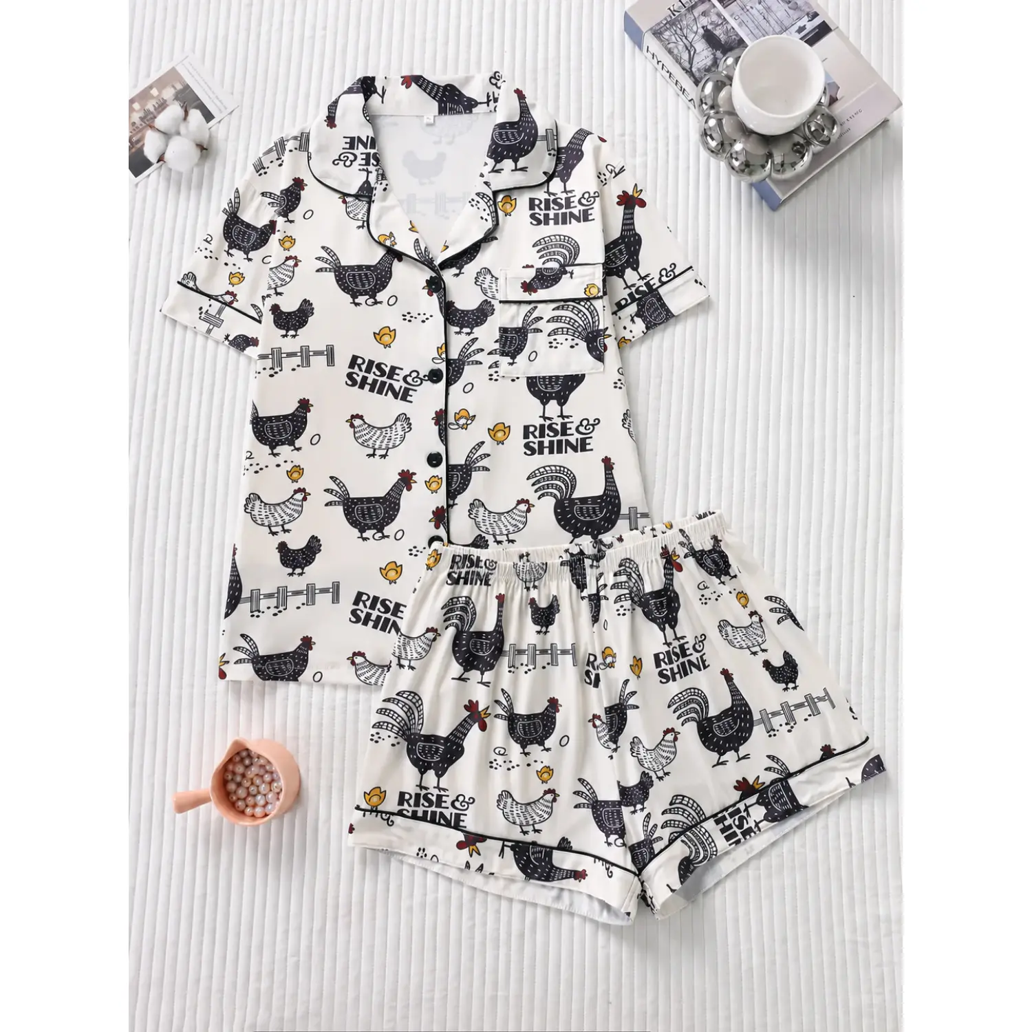 Women’s Fun Farm Chicken Pajama Set - Cartoon Button-Front Short Sleeve Top & Elastic Shorts, All-Season Sleepwear & Loungewear