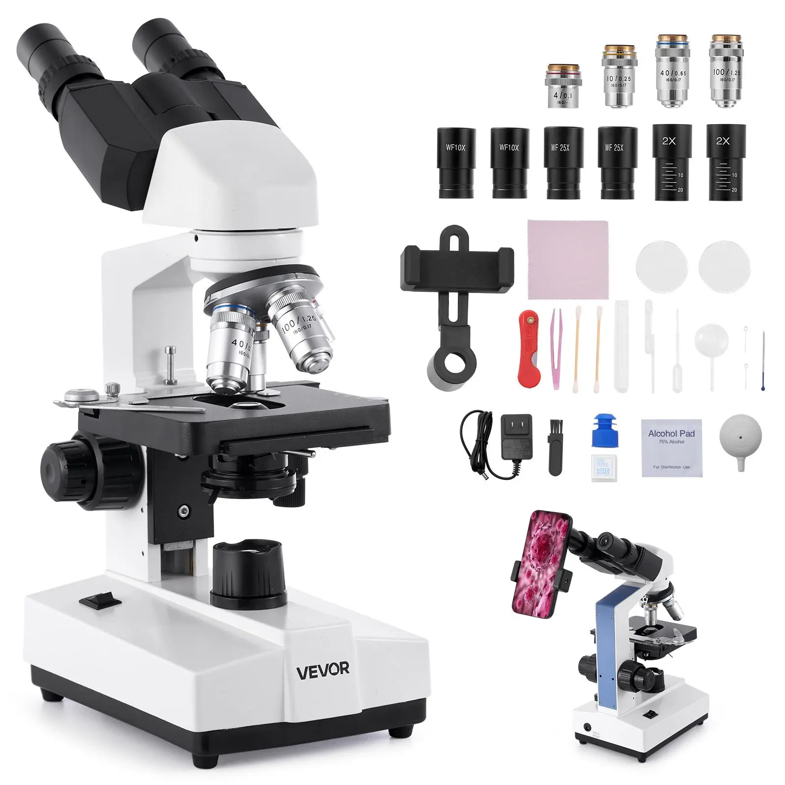 【Summerfinds】VEVOR Binocular Microscope,40-5000X MagnificationProfessional Compound Microscope for Adult with Dual Stage and Two Sets of EyepiecesAluminum Alloy BodyIncludes LED Light and Phone Holder