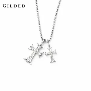GILDED Silver Double Cross Pendant Y2K Necklace