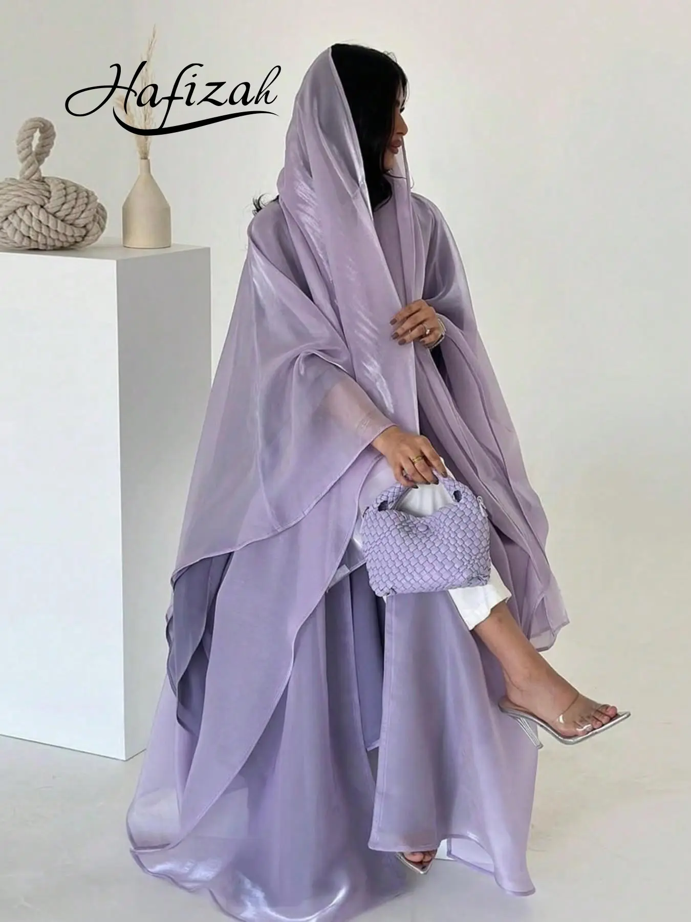 Hafizah Sheer Glossy Loose Fit Islamic Abaya Outerwear, Large Batwing Sleeve Long Cardigan, Middle Eastern Luxury Women's Clothing, Elegant Islamic Clothing, Islamic Modesty Clothes