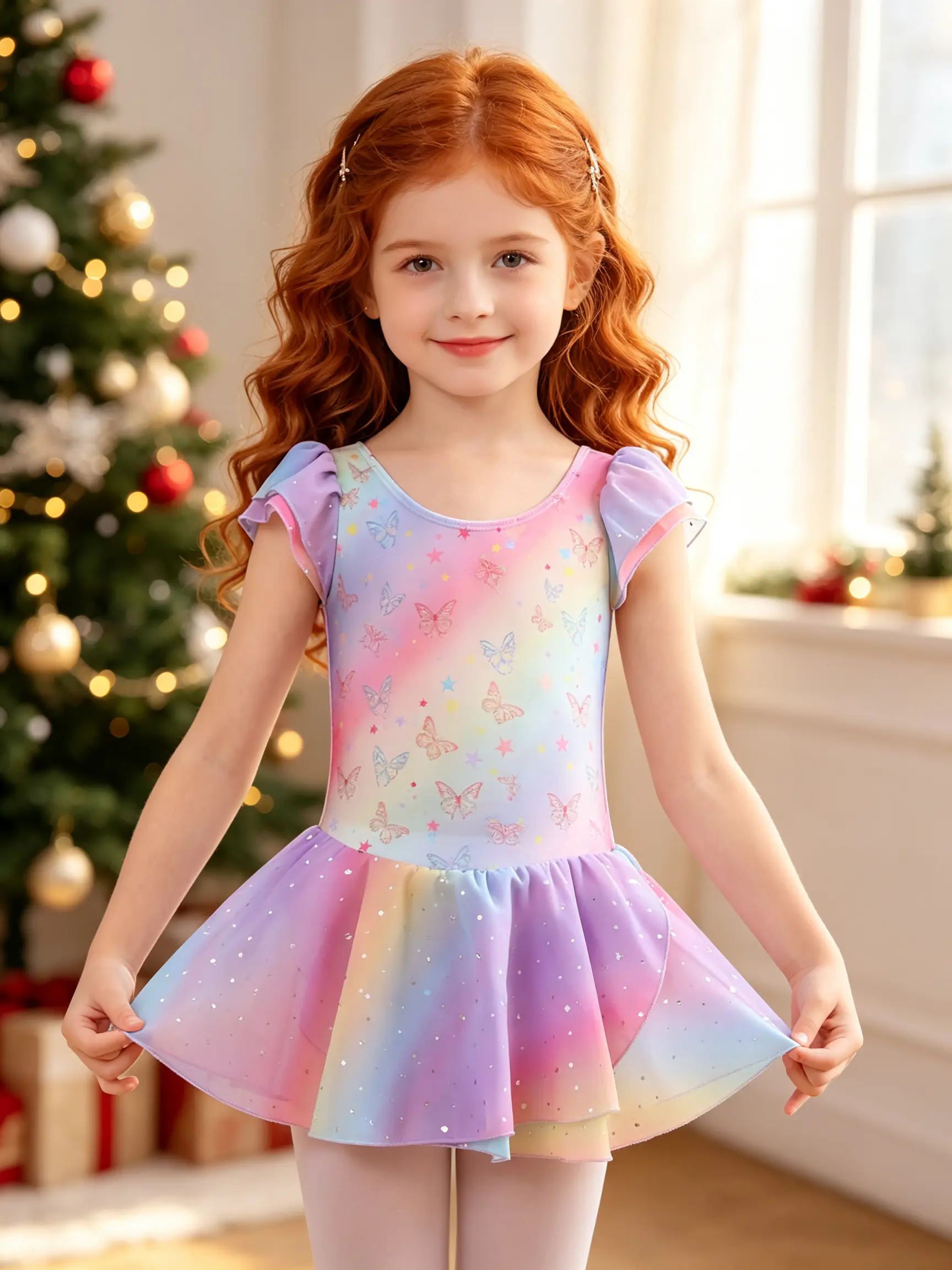 Girls' Rainbow Butterfly Tutu Dress, Elastane Blend Ballet Leotard with Flutter Ruffles and Slight Stretch, All Seasons Dance Outfit for Ages 3-12, Slim-Fitting, Sweet Look