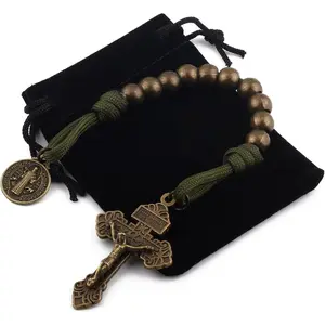 Portable Prayer Beads Open Design One Strand Stainless Steel Catholic Prayer Beads with Cross Saint Benedict Medal with Gift Bag