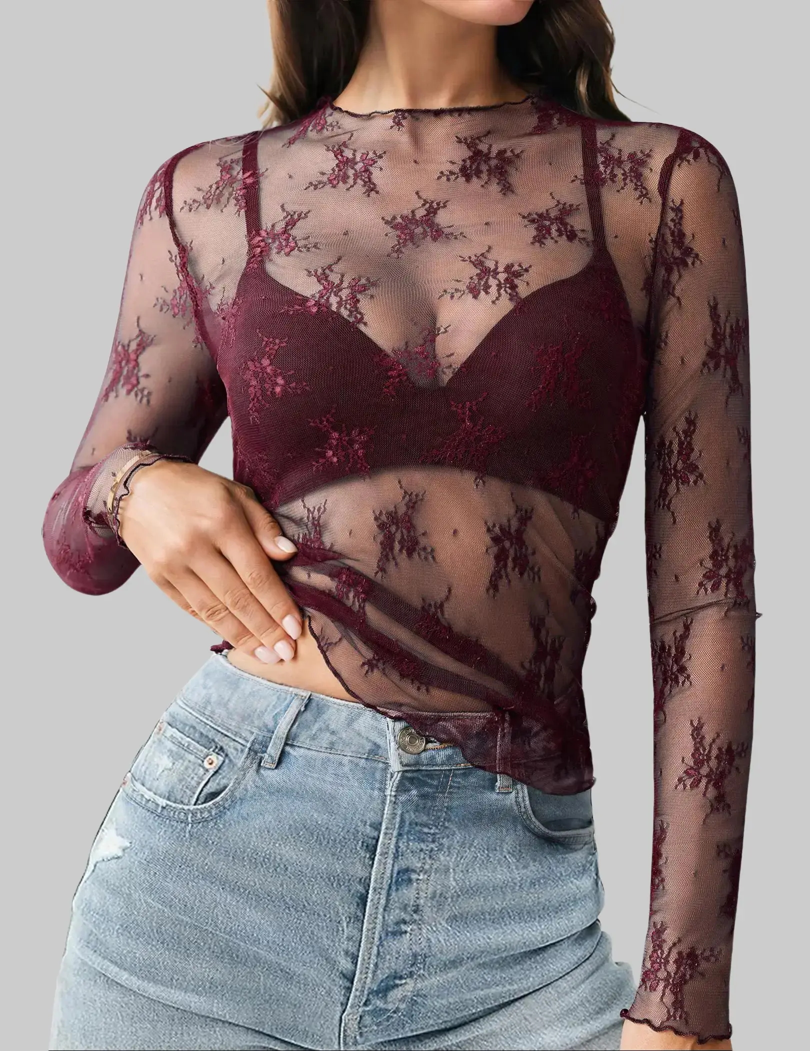 Women's Sheer Floral Print Top - Long Sleeve Mock Neck Mesh Blouse with See-Through Lace for Layering Outfits, Valentines Day, Breathable Casual Wear, Casual Chic, Going Out, Shirt, Floral Lace Detail