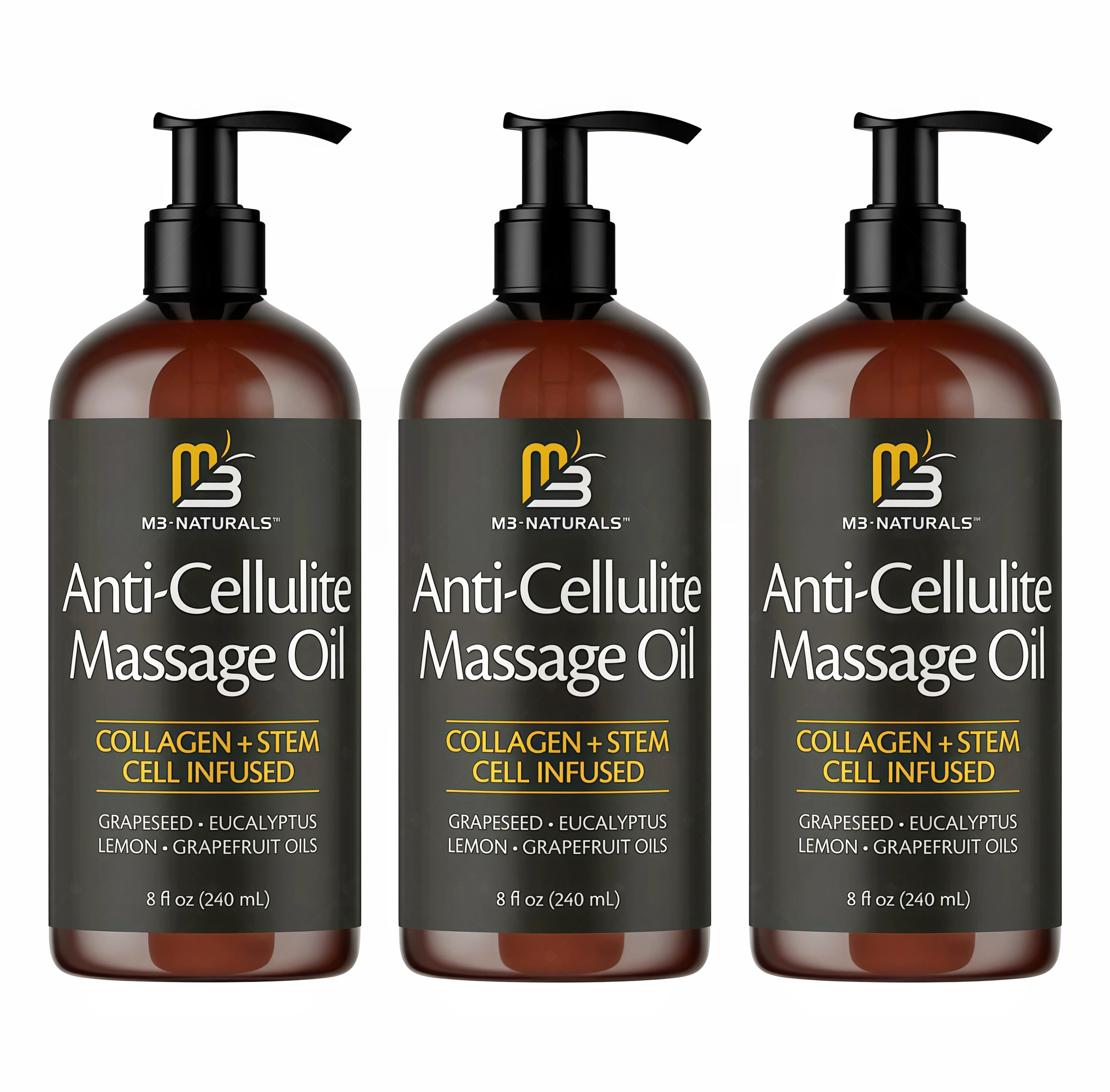 3 Pack M3 Naturals Cellulite Massage Oil 8oz-SmooththeAppearance of Cellulite YF -Body Care &SkinCareMassage Oil Topical Collagen and PlantStemCellBodyOil to Restore Texture and Elasticity-SoothingBodyOil