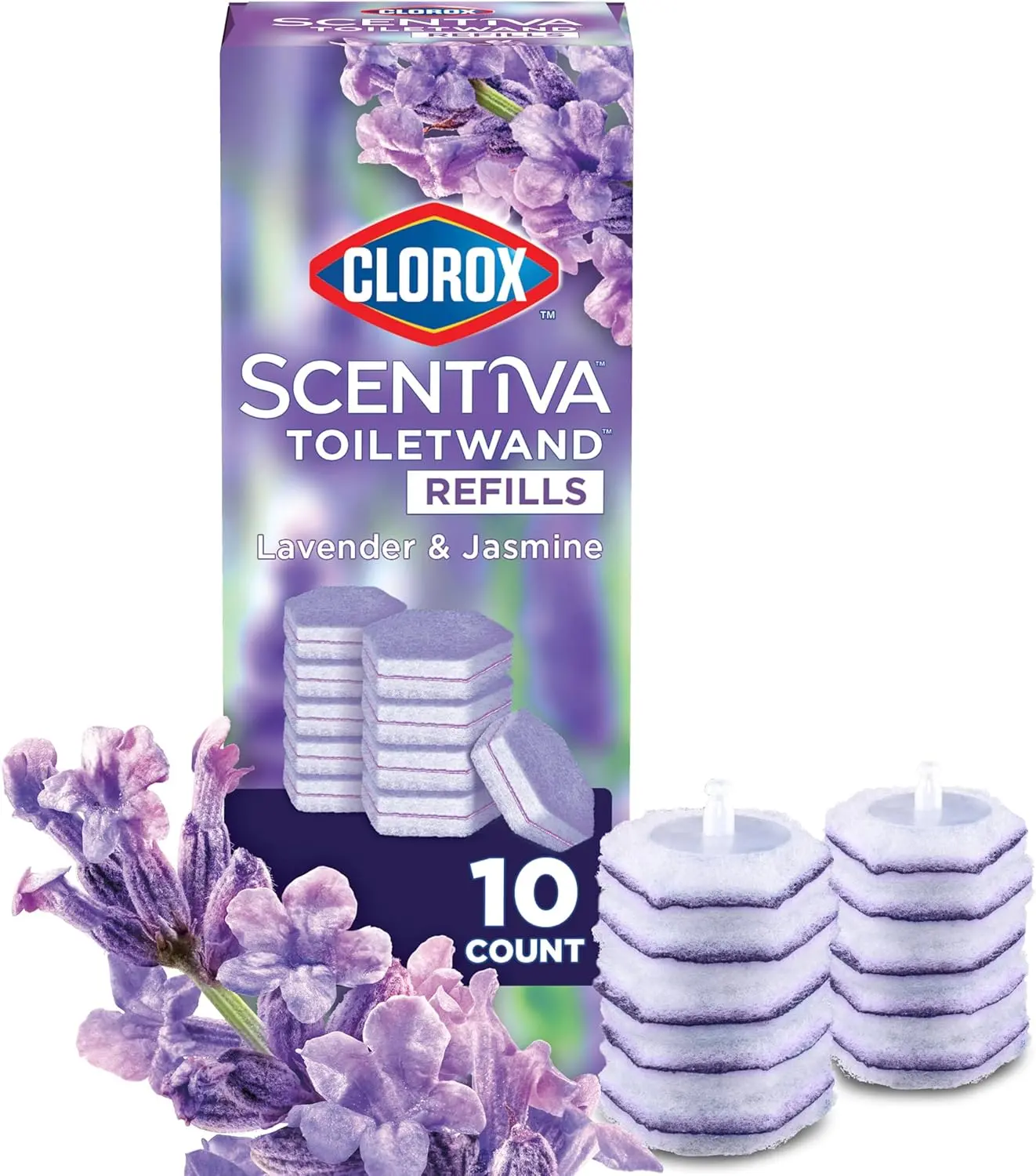 Clorox Scentiva ToiletWand Refills, Lavender and Jasmine, 10 Count | Disposable Toilet Brush Scrubbing Pads, Eliminates Hard Water and Lime Stains 2X Better than a Manual Brush