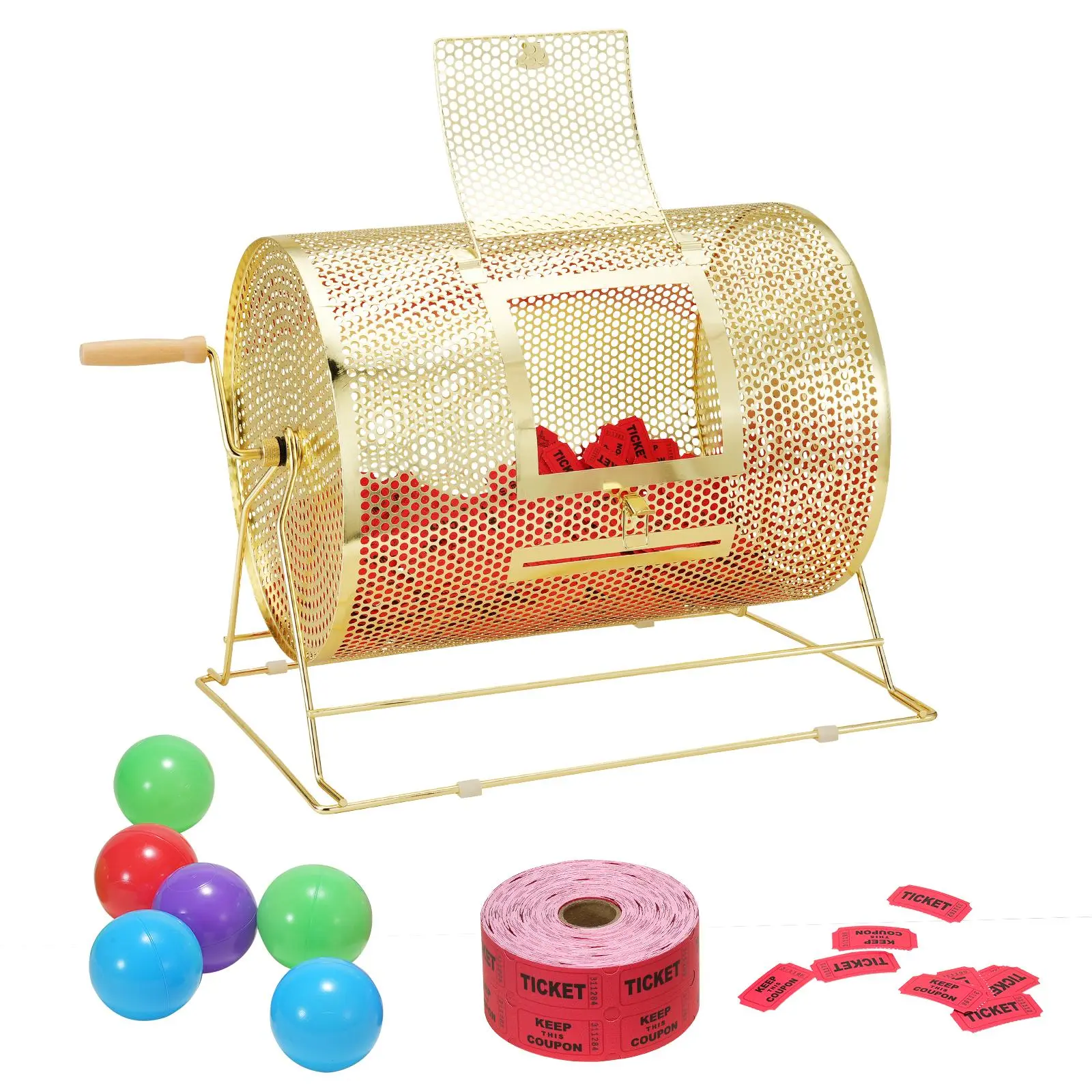 【SummerFinds】VEVOR Raffle Drum, Holds 5000 Tickets or 200 Ping Pong Balls, Metal Lottery Spinning Drawing with Wooden Turning Handle,16.1 x Ø12 inch Brass Plated Raffle Ticket Spinning Cage, for Bingo Ballot Part