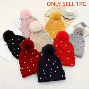 Artificial Pearl Decor Beanie Hat, Winter Warm Knit Hat with Pom Pom, Double-sided Solid Color Beanie for Women & Men, Fashion Beanie, Cozy Beanie