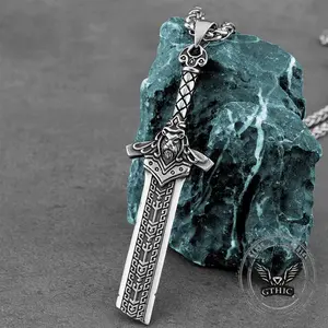 GTHIC Viking Broken Sword Stainless Steel Amulet Pendant Ancient Warrior-Style Necklace for Casual Outfits or Birthday Gifts