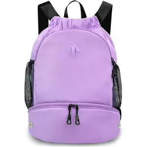 Drawstring Backpack Gym Backpack with Shoe Compartment for Men Women String Sports Bag with Wet Pocket Cinch Swim Beach Bag, Large Purple