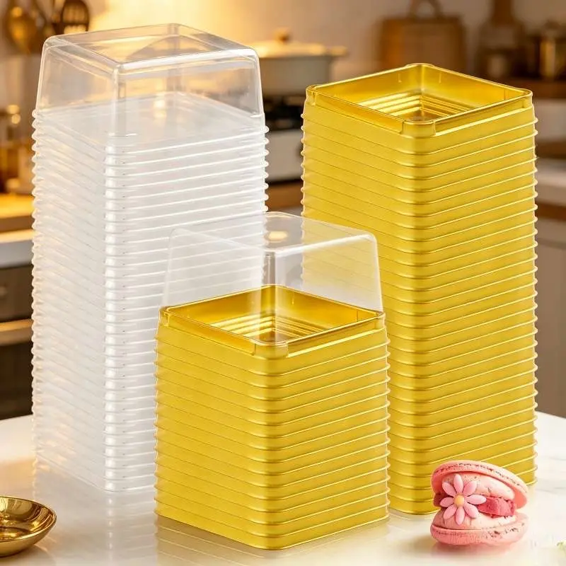 3" Square Golden Plastic Mini Cupcake Containers with Transparent Dome Lids - 150-Count Bakeware Holders, Home Baking Supplies for Wedding Favors, Birthday Desserts