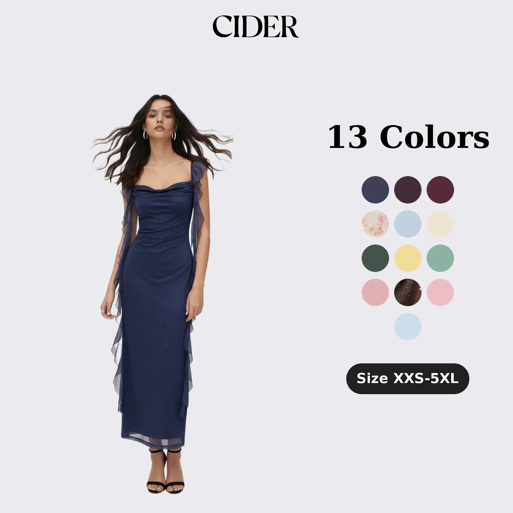 Cider Women's Elegant Pull-On Cowl Neck Solid Glittered Ruffle Hem Maxi Dress, Elegant Dresses for Women, Formal Wear, Formal Dresses, Women's Dresses,clothes for back to school,first day of school outfits